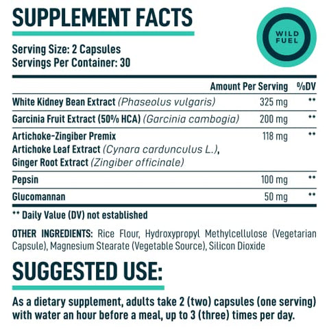 WILD FUEL - Supressor de Apetite para Perda de Peso – Pílulas Dietéticas que Funcionam Rapidamente para Mulheres e Homens – Garcinia Cambogia, Glucomanano, Bloqueador de Carboidratos de Feijão Branco e Queima de Gordura
