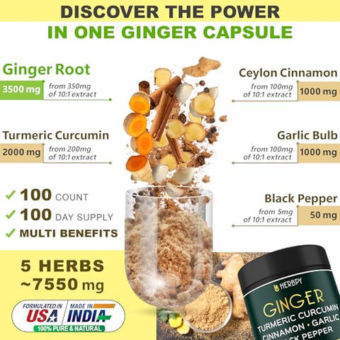 Herbpy - Suplemento de Gengibre 5 em 1 7550mg com Canela do Ceilão, Curcumina de Açafrão-da-terra e Alho Bulbo – Marca em Destaque