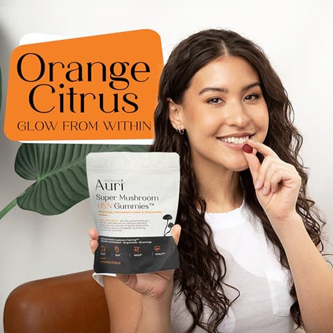 Super Mushroom HSN Gummies – Suplemento Funcional de Cogumelos para Cabelo, Pele e Unhas – com Chaga Selvagem, Clorofila, Luteína e Astaxantina – 60 Gomas de Laranja Cítrica - Auri