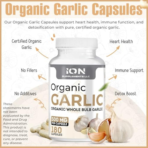Ion Supplements LLC - Suplemento de Íons | Cápsulas de Alho Orgânico Integral | 500 mg por Cápsula, 180 Cápsulas | Sem Aditivos ou Agentes de Fluxo | Raízes 100% Naturais