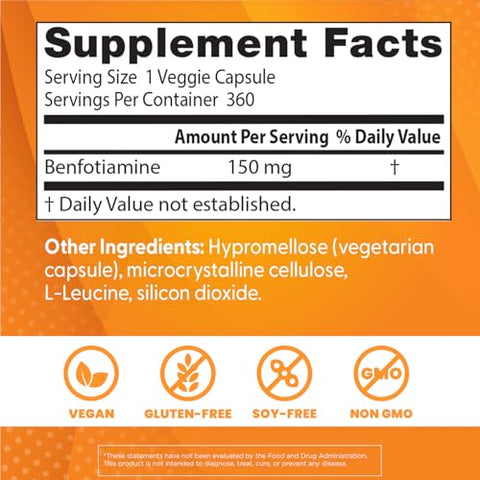 Doctor's BEST - Doctor’s Best Benfotiamine 150 com BenfoPure – Ajuda a Manter o Metabolismo da Glicose, Não-OGM, Vegano, Livre de Glúten e Soja, 150 mg, 360 Cápsulas Vegetais