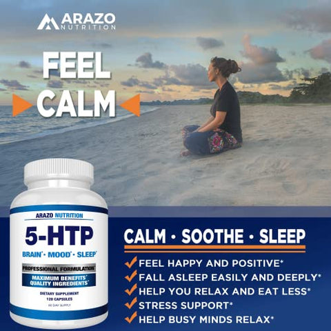 5-HTP 200 MG Plus Calcium – Suporte para Humor e Sono – Promove Calma e Relaxamento – Alta Pureza 99% – 120 Cápsulas - Arazo Nutrition