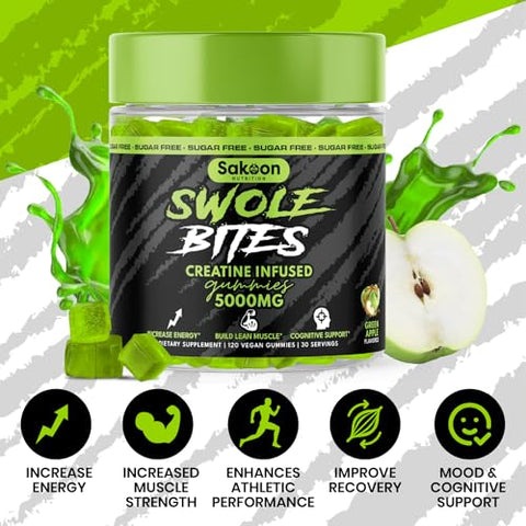 Sakoon nutrition - Sakoon Nutrition Gummies de Creatina Monohidratada 5000mg | Aumente a Força e Ganhe Massa Muscular | Sem Açúcar, Vegano, Sabor Maçã | 120 Unidades