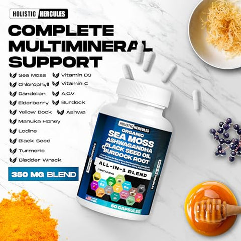 Holistic Hercules - Blend: Sea Moss 9000mg, Black Seed Oil 6000mg, Ashwagandha 3000mg, Burdock 2000mg – Potência Natural para Saúde e Bem-Estar