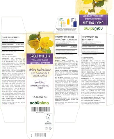Tintura de Mullein ou Verbascum thapsus – Naturalma: Flor e Folha sem Álcool – 120 ml Extrato Líquido em Gotas – Herbal Vegano