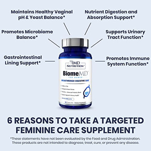 BiomeMD Probióticos para Mulheres – Prebióticos e Probióticos Diários para Mulheres – Mais de 60 Bilhões de UFCs, 15 Cepas – Probiótico Feminino para Apoiar o Trato Urinário - 1MD Nutrition