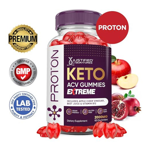 Justified Laboratories - (2 Pacotes) Gomas de Proteína Proton Keto ACV Extreme 2000MG – Gomas de Proton Keto de Vinagre de Maçã Formuladas com Suco de Romã e Beterraba em Pó B12 Vegan Non GMO 120 Gomas
