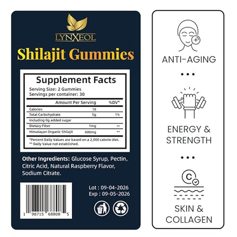 LYNXEOL - Gummies Gold Himalaia Puro Shilajit I Testado em Laboratório I Sem Açúcar I Ashwagandha, Gokshura | Ácido Fúlvico