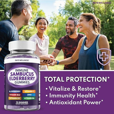 PAYÉ - Sambucus Elderberry Gummies – Suporte Imunológico Diário para Crianças e Adultos* com Zinco, Vitamina C, D3, B6, B12 – Suplemento Alimentar – 140 Unidades