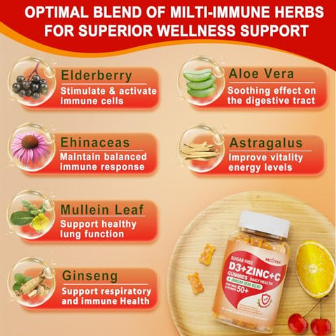 Nextdia - Gomas de Vitamina C D3 Zinco sem Açúcar para Adultos 50+, Suplemento Imunológico 9 em 1 com D3 5000UI, Sabugueiro, Equinácea, Folha de Verbasco para Fortalecer a Imunidade, Poder
