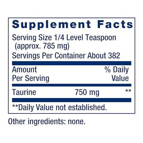 Taurine Powder – Suporte Cardiovascular Saudável, Promove Saúde Cerebral, Envelhecimento Saudável e Recuperação Muscular e de Exercícios – Sem Glúten, Não-OGM, Vegetariano – 300g - Life Extension