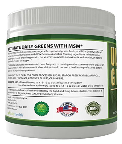 Daily Health - Ultimate Greens com MSM em Pó, Ingredientes Naturais Veganos, Livre de Glúten e Soja, Sem GMO, Bebida Nutricional de Vegetais Superfood Energizante Alcalinizante 227g 1 Pacote (1 Mês de Suprimento)