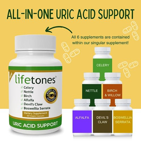 Life Tones - Lifetones Suporte ao Ácido Úrico – Limpeza Herbal das Articulações para Homens e Mulheres – Remédio Natural, Aumento da Flexibilidade – Livre de Transgênicos, Sem Glúten – 60 Vitaminas Veganas