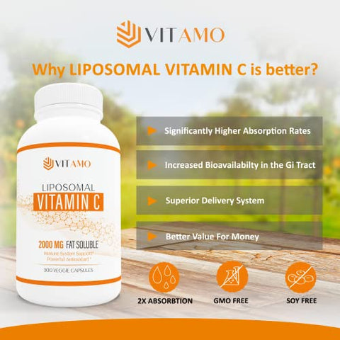 Vitamo - Vitamina C Lipossomal 2000mg | Sistema de Entrega Superior | 300 Cápsulas Suporte Imunológico