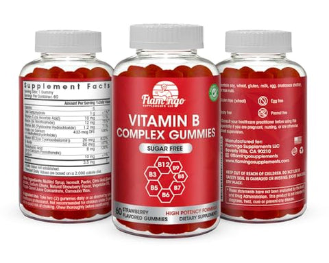 Flamingo Supplements - Gomas de Vitamina B Complexo sem Açúcar – B12, B7, B6, B3 (Niacina), B5, B8, B9 (Ácido Fólico) – Testadas por Terceiros – Pré-Natal, Dieta Vegana, Idosos – Complexo de Vitaminas B