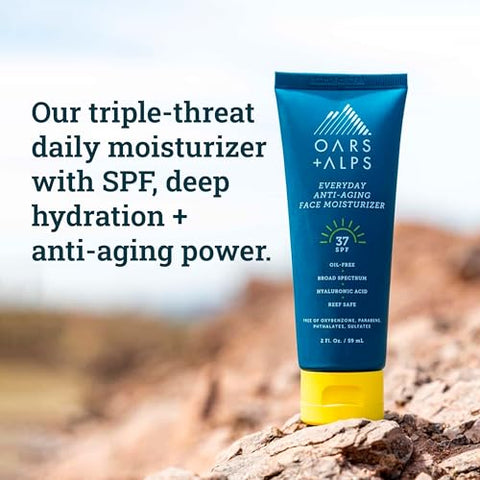 Oars + Alps - Oars Alps Protetor Solar SPF 37 e Hidratante Facial Anti-Envelhecimento Diário, com Ácido Hialurônico, Vitamina E e Vitamina B5, 60 ml, Amigo da TSA