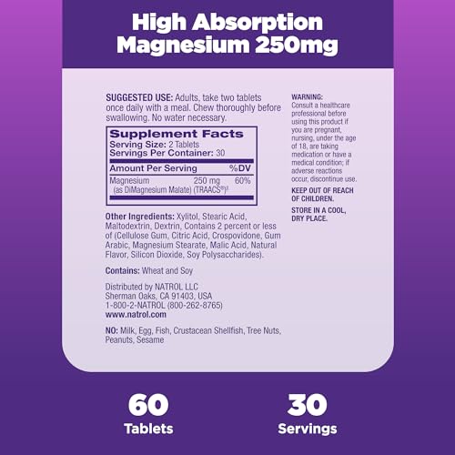 Magnésio de Alta Absorção 250 mg, Suplemento para Apoiar a Saúde do Coração, Nervos, Músculos e Ossos, 60 Comprimidos Mastigáveis com Sabor de Cranberry Apple, Fornecimento de 30 Dias - Natrol