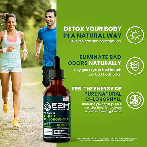 E2H EARTH TO HUMANS - E2H Gotas Líquidas de Clorofila – Energético Natural Saboroso, Suporte ao Sistema Imunológico e Desodorante Interno – Vegano – Sem Glúten – Não-OGM – 60 ml