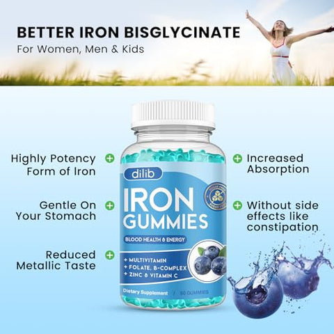 dilib - Gomas de Ferro com Multivitamina, Suplemento de Ferro para Mulheres