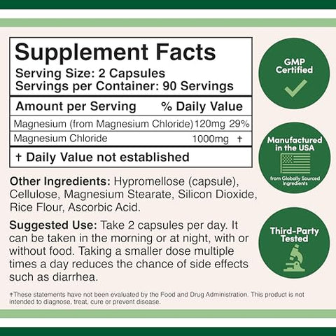 Double Wood Supplements - Cloruro De Magnesio – 180 Cápsulas, 1.000mg Por Porção, Suporte à Saúde Digestiva e Óssea – Livre de Transgênicos e Glúten por