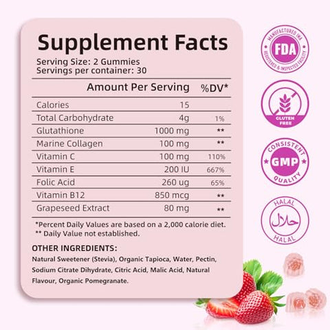 BIYODE - Gummies de Glutationa: 1000mg Glutationa/Dose 100mg Colágeno Marinho e Multi-Vitaminas C E B12 Ácido Fólico Extrato de Semente de Uva 60 Gummies 30 Dias de Fornecimento