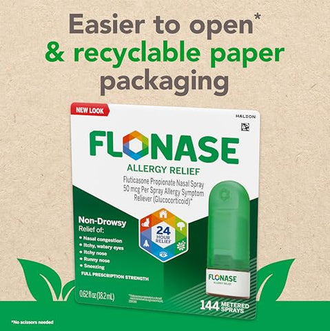 Spray Nasal Alívio de Alergia, 24 Horas Sem Sonolência, Alívio Multissintomas – 144 Sprays (Pacote com 2) + Brinde Lenços - Flonase