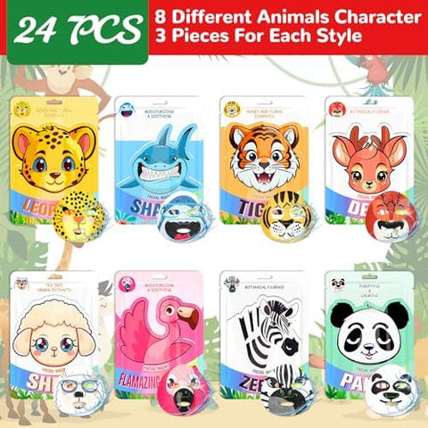 24 Pcs Máscaras Faciais Tema Animal para Pele com Personagens de Animais – Máscaras Divertidas com Fragrância para Cuidados com a Pele de Meninas, Mulheres e Adolescentes – Festa de Spa, Noite das Meninas - Dunzy