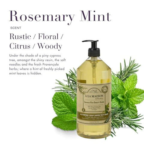 Sabonete Líquido A LA MAISON Francês, Alecrim e Hortelã – Lava Mãos Natural com Óleos Essenciais – Biodegradável, Vegano, Livre de Crueldade – 250ml