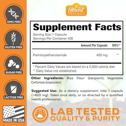 HARVEST NATURALS - Palmitoylethanolamide Cápsulas | Pea 400mg | 400 Unidades | Promove Inflamação Natural