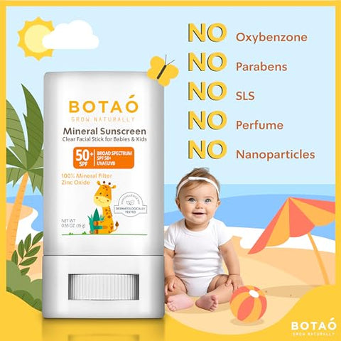 BOTAO - Protetor Solar Mineral para Bebês em Bastão 100% Óxido de Zinco FPS 50 Resistente à Água Proteção UVA/UVB Fácil de Aplicar Sem Fragrância