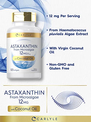 Astaxantina 12mg | 120 Cápsulas | Suplemento de Microalgas | com Óleo de Coco | Não-OGM - Carlyle