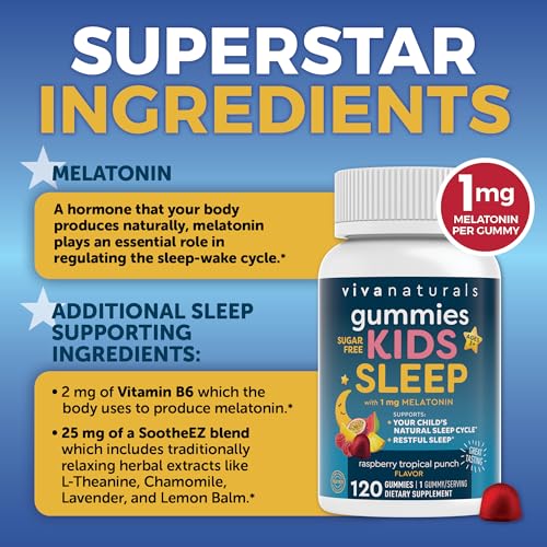 Viva Naturals - Gomas de Dormir para Crianças com Melatonina 1 mg – Veganas, Sem Glúten e Sem Açúcar – Suporte Calmante para o Sono em Goma Mastigável para Crianças a partir de 3 anos