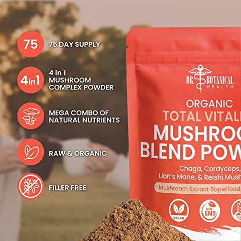 Dr. Botanical Health - Blend de Pó de Cogumelo Orgânico – Reishi, Lion’s Mane, Cordyceps e Chaga – Complexo de Extrato de Cogumelo, Pó de Blend de Cogumelo para Impulsionar a Imunidade