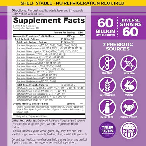 Vital Flora Mulheres Acima de 55 Probiótico Diário 60 Bilhões UFC, 60 Cepas Diversas, 7 Prebióticos Orgânicos, Suporte Imunológico Probióticos para Saúde Digestiva Estável – Marca Vital Planet - Vital Planet