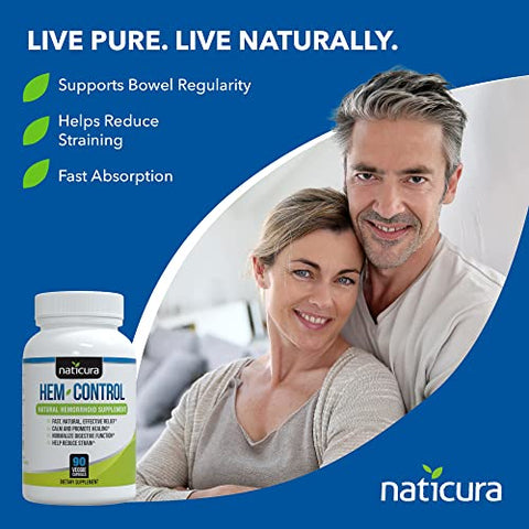 Naticura - Hem-Control – Tratamento Rápido e Eficaz para Hemorroidas – Fórmula Poderosa para Aliviar Sintomas, Reduzir Hemorroidas e Aliviar Desconforto – 90 Cápsulas Veganas – Feito