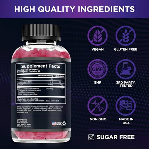 EFFECTIVE NUTRA - Resveratrol Gummies 1500mg – Suplemento Sem Açúcar de Resveratrol para Suporte Antioxidante, Imunidade, Saúde Cardíaca, Função Cerebral – Sabor Natural de Framboesa e Melancia (90 Unidades)