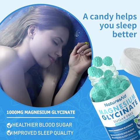 Natures Aid - Gomas de Magnésio Glicinato 1000mg – Sem Açúcar, Suplemento de Magnésio Potássio com Vitamina D, B6, CoQ10 para Calma e Bem-Estar