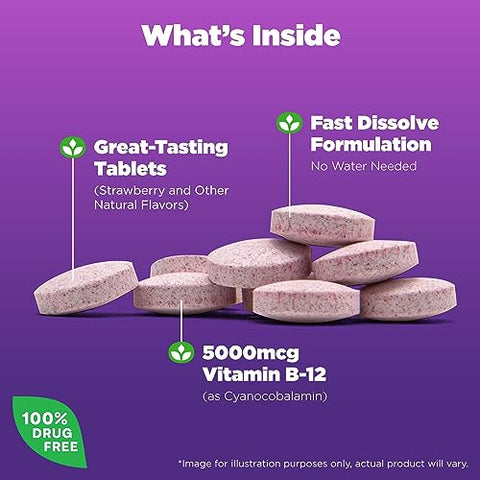 Vitamina B12 Comprimidos de Dissolução Rápida, Energia e Sistema Nervoso Saudáveis, Máxima Potência, Sabor Morango, 5.000mcg, 100 Unidades - Natrol