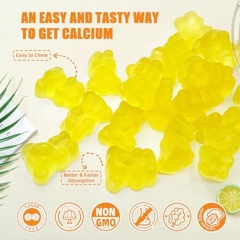 Wellcatcher - Gomas de Cálcio Magnésio com Vitamina D3 K2 Sem Açúcar 600mg Suplemento de Cálcio Magnésio de Algas para Fortalecimento Ósseo e Suporte Imunológico para Crianças Mulheres Homens Veganos Mastigáveis de Limão