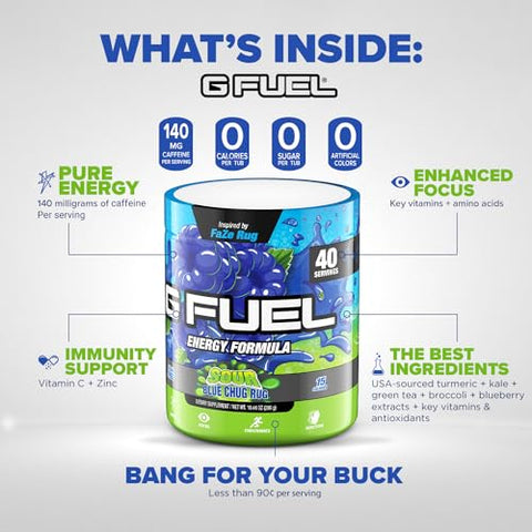 Faze Rug – Pó Energético, Sem Açúcar, com Cafeína Limpa, Suplemento para Foco, Mistura para Água, Sabor Framboesa Azul Azeda, com Aminoácidos para Foco, Vitaminas e Antioxidantes – 296 ml (40 g) - G Fuel