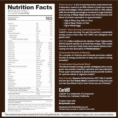 PerfectAmino Power Meal Shake – Novo Sabor Chocolate Amargo com Óleo MCT Carb 10 e Base de Proteína Perfect Amino (20 Porções) - BodyHealth