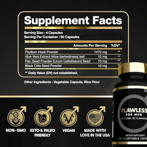 Flawless For Men - Suplemento Mega Dose 3000mg USA’s com Psyllium Husk, Aloe Vera e Semente de Chia – 120 Cápsulas Rica em Fibras