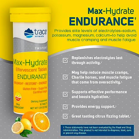 Max-Hydrate Endurance | Comprimidos Efervescentes | Suporte Energético | Reposição de Eletrólitos - Trace Minerals