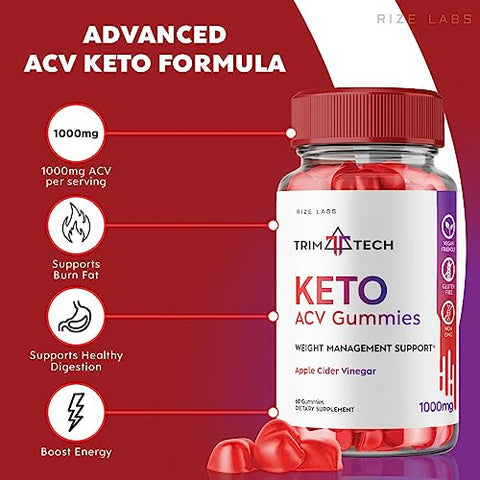 rize labs - Trim Tech Keto Gummies – Gomas Trim Tech Keto ACV Avançadas para Perda de Peso com Vinagre de Maçã – Queima de Gordura Abdominal (60 Gomas)