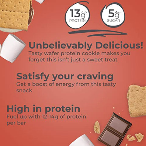 Barras de Wafer de Proteína, Snacks de Alta Proteína com Sabor Delicioso, S’Mores, 40g (12 Unidades) - Power Crunch