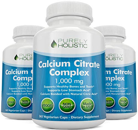 Purely Holistic - Calcium Citrate 1000mg – 365 Cápsulas Veganas com Salsa, Dente-de-leão e Agrião – Sem Vitamina D – Fabricado nos EUA pela