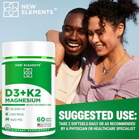 New Elements - Vitamina D3 e K2 Softgels Orgânicos para Mulheres e Homens com Magnésio Glicinato 500mg | Vitamina D3 10000ui | Marca em Destaque
