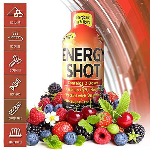 Grade A Quality - Vitamin Energy Shots Sabor Frutas Vermelhas, Até 7 Horas de Energia, 57ml, 12 Unidades