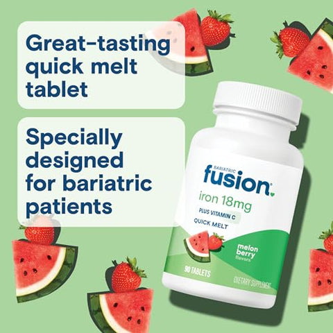Suplemento de Ferro para Mulheres Quick Melt | Comprimidos Mastigáveis Dissolvíveis Livres de Açúcar | Ferro Ferroso Fumarato 18 mg com Vitamina C | Melão e Frutas Vermelhas | Sem Glúten, Lactose - Bariatric Fusion