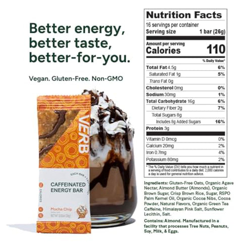Verb Caffeinated Energy Bar - Verb Energy – Barra Energética de Baixo Açúcar e 110 Calorias – Snack Vegano – Livre de Glúten com Chá Verde Orgânico – 26g (Pacote com 16)